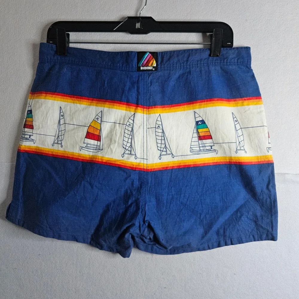 Vintage Hobie Sailboat Board Shorts Mens 34 Blue Rainbow Stripe 80s Surf Trunks